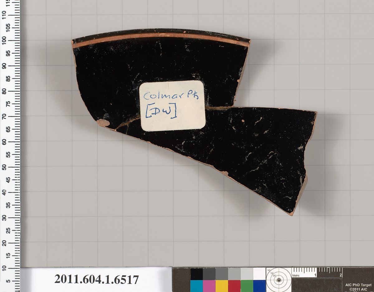 Terracotta rim fragment of a kylix (drinking cup), Attributed to the Colmar Painter [Dyfri Williams], Terracotta, Greek, Attic