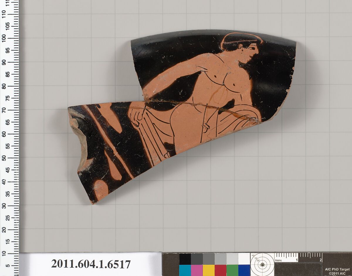 Terracotta rim fragment of a kylix (drinking cup), Attributed to the Colmar Painter [Dyfri Williams], Terracotta, Greek, Attic 