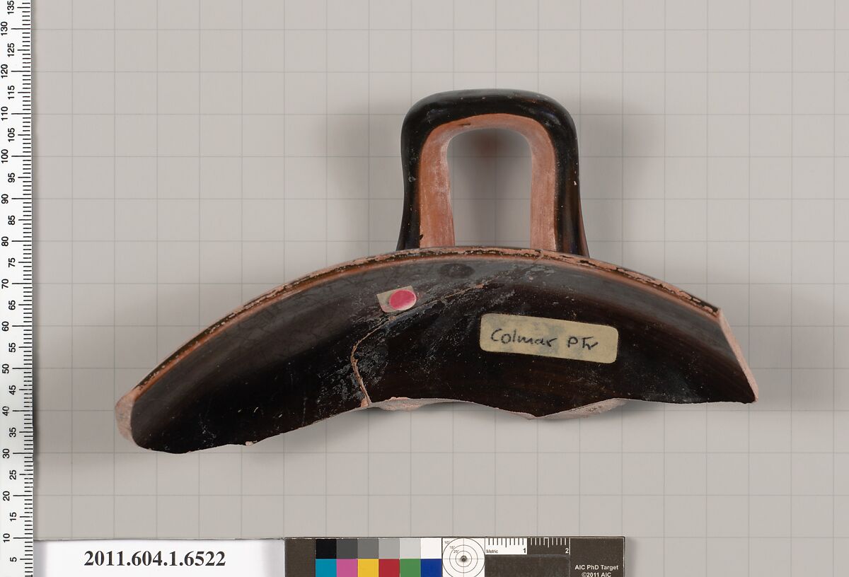 Terracotta rim fragment of a kylix (drinking cup), Attributed to the Colmar Painter [DvB], Terracotta, Greek, Attic