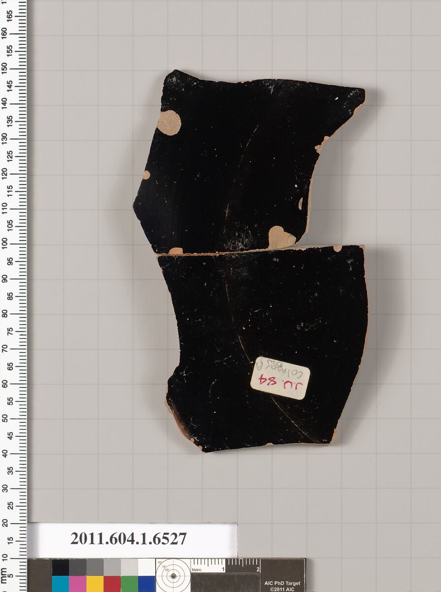 Terracotta fragment of a kylix (drinking cup), Attributed to the Colmar Painter [DvB], Terracotta, Greek, Attic