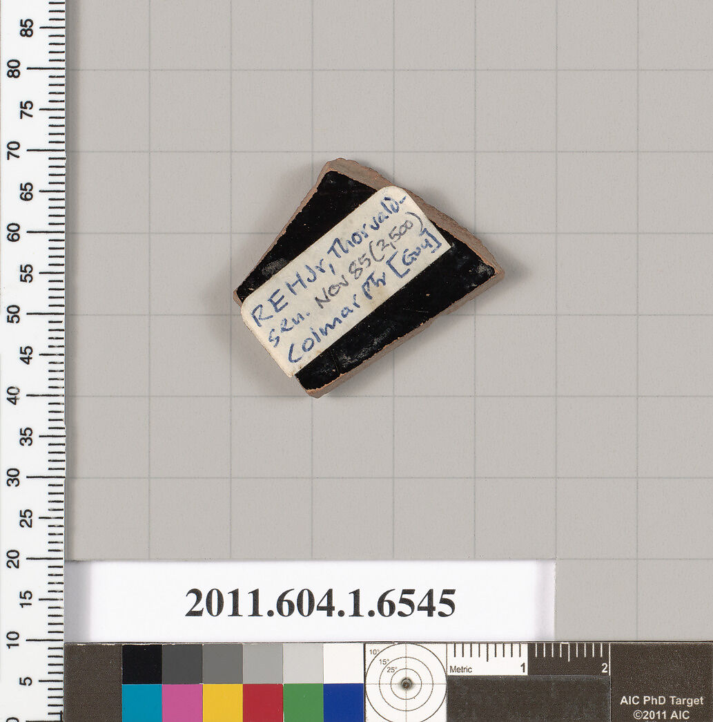 Terracotta fragment of a kylix (drinking cup), Attributed to the Colmar Painter [Robert Guy], Terracotta, Greek, Attic