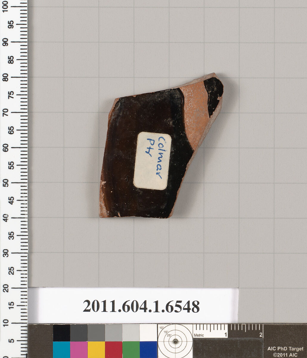 Terracotta fragment of a kylix (drinking cup), Attributed to the Colmar Painter [DvB], Terracotta, Greek, Attic