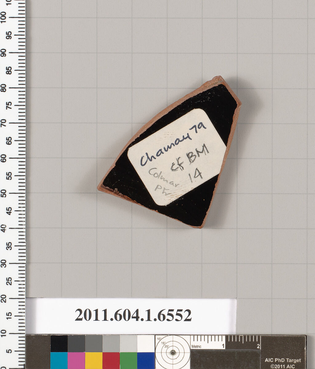 Terracotta fragment of a kylix (drinking cup), Attributed to the Colmar Painter [DvB], Terracotta, Greek, Attic