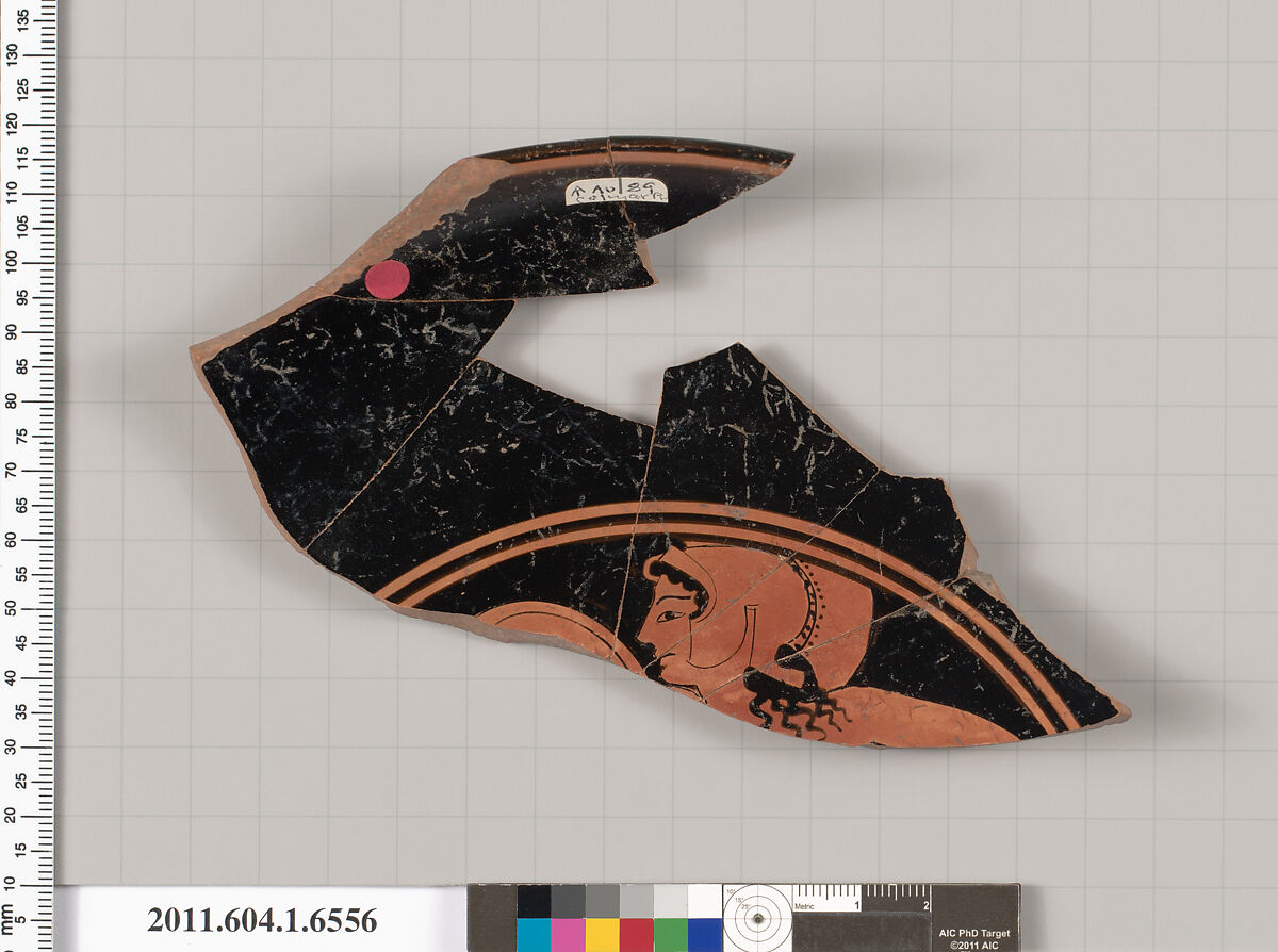 Terracotta fragment of a kylix (drinking cup), Attributed to the Colmar Painter [DvB], Terracotta, Greek, Attic 