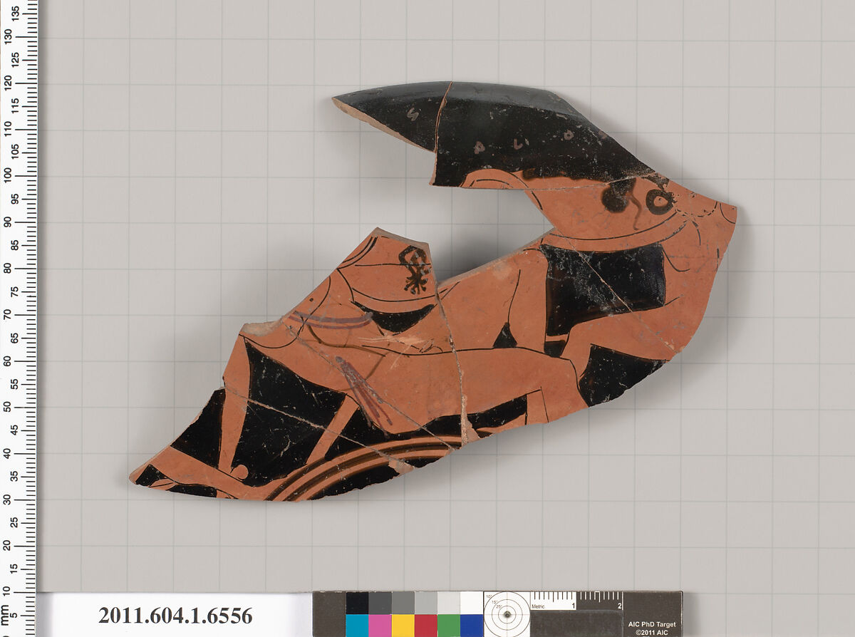 Terracotta fragment of a kylix (drinking cup), Attributed to the Colmar Painter [DvB], Terracotta, Greek, Attic