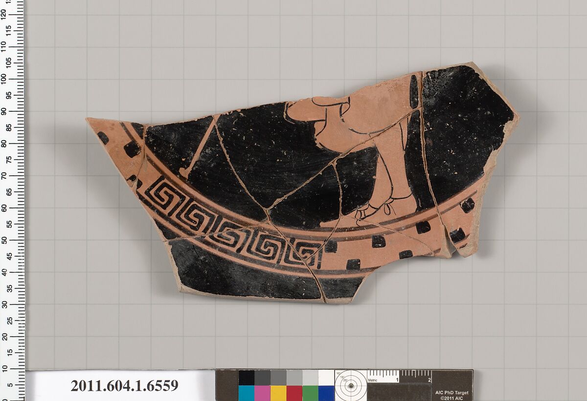 Terracotta fragment of a kylix (drinking cup), Attributed to the Colmar Painter [DvB], Terracotta, Greek, Attic 