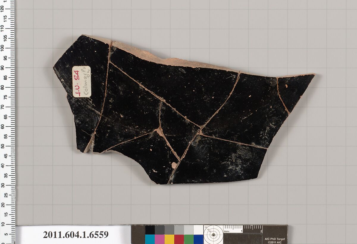 Terracotta fragment of a kylix (drinking cup), Attributed to the Colmar Painter [DvB], Terracotta, Greek, Attic