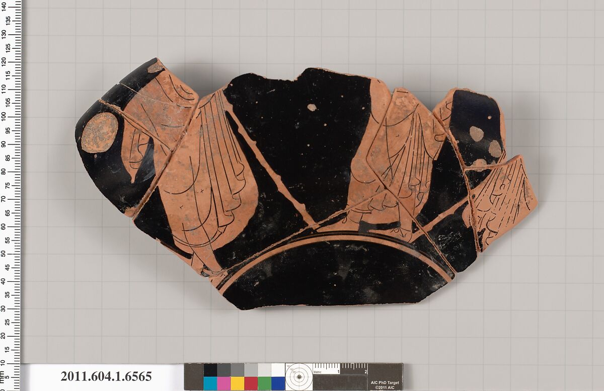 Terracotta fragment of a kylix (drinking cup), Attributed to the Colmar Painter [J. Gaunt], Terracotta, Greek, Attic