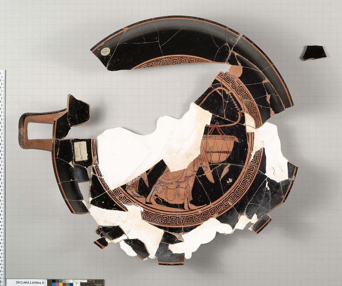 Terracotta fragment of a kylix (drinking cup), Attributed to the Colmar Painter [Robert Guy], Terracotta, Greek, Attic