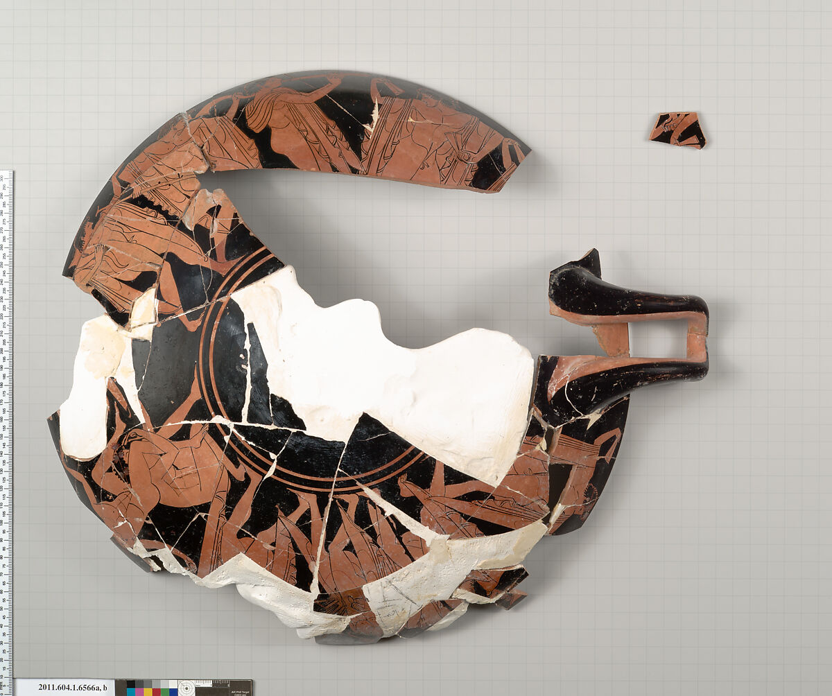 Terracotta fragment of a kylix (drinking cup), Attributed to the Colmar Painter [Robert Guy], Terracotta, Greek, Attic