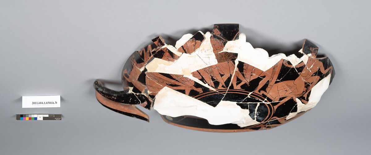 Terracotta fragment of a kylix (drinking cup), Attributed to the Colmar Painter [Robert Guy], Terracotta, Greek, Attic