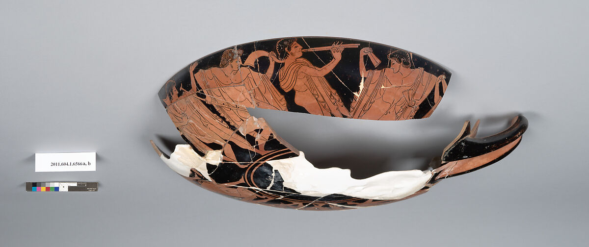 Terracotta fragment of a kylix (drinking cup), Attributed to the Colmar Painter [Robert Guy], Terracotta, Greek, Attic