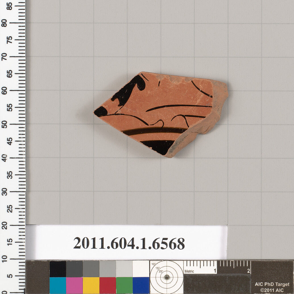 Terracotta fragment of a kylix (drinking cup), Attributed to the Colmar Painter [Dyfri Williams], Terracotta, Greek, Attic