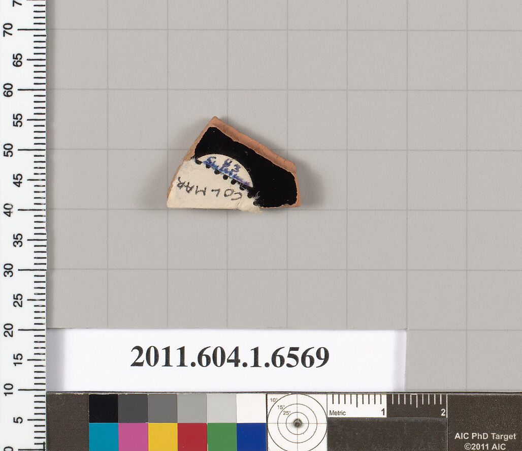 Terracotta fragment of a kylix (drinking cup), Attributed to the Colmar Painter [DvB], Terracotta, Greek, Attic