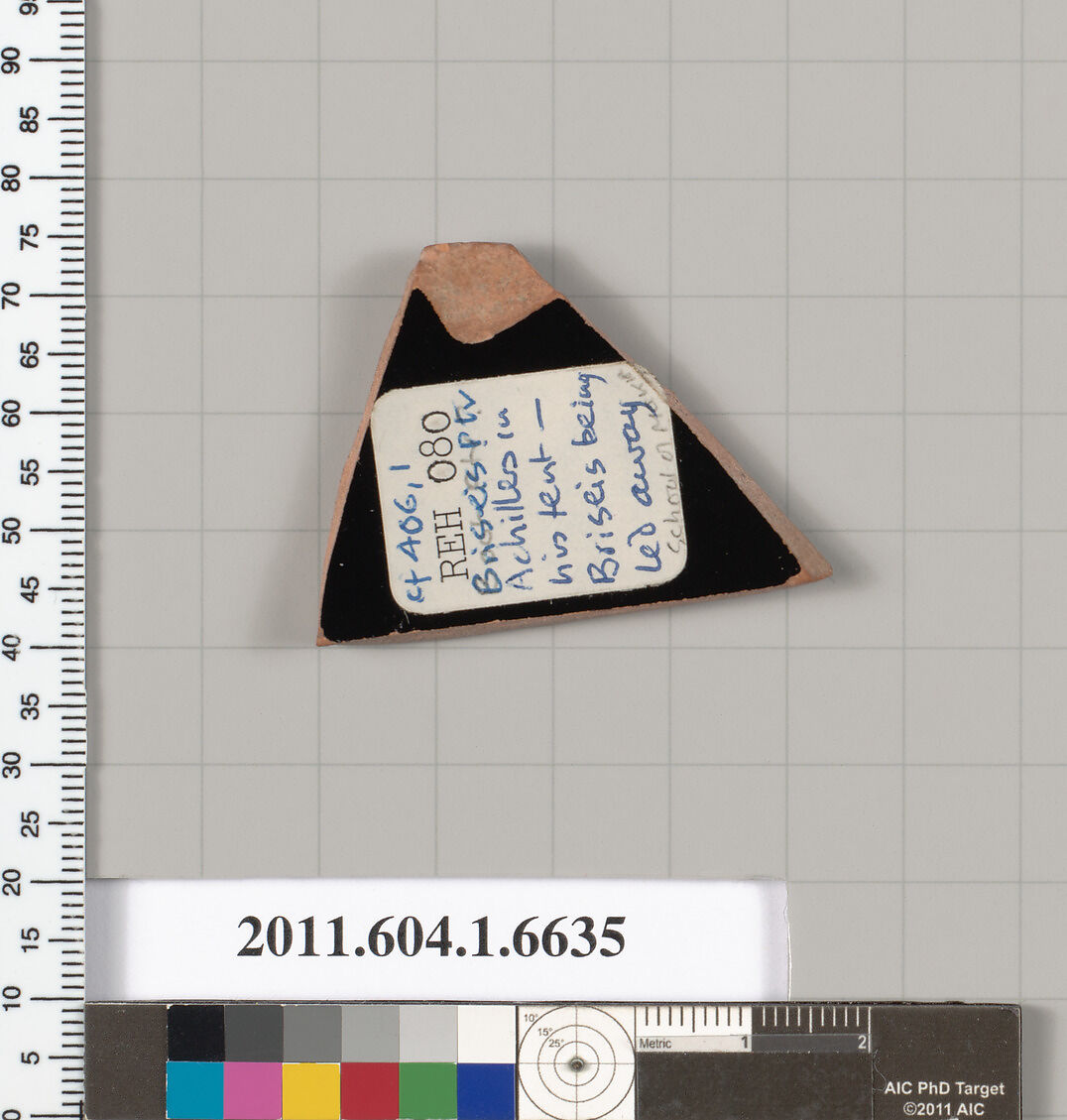 Terracotta fragment of a kylix (drinking cup), Attributed to the /Attributed as School of Makron [DvB], Terracotta, Greek, Attic