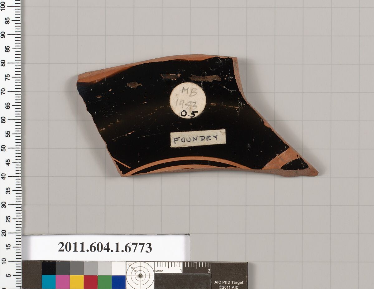 Terracotta fragment of a kylix (drinking cup), Attributed to the Foundry Painter [DvB], Terracotta, Greek, Attic