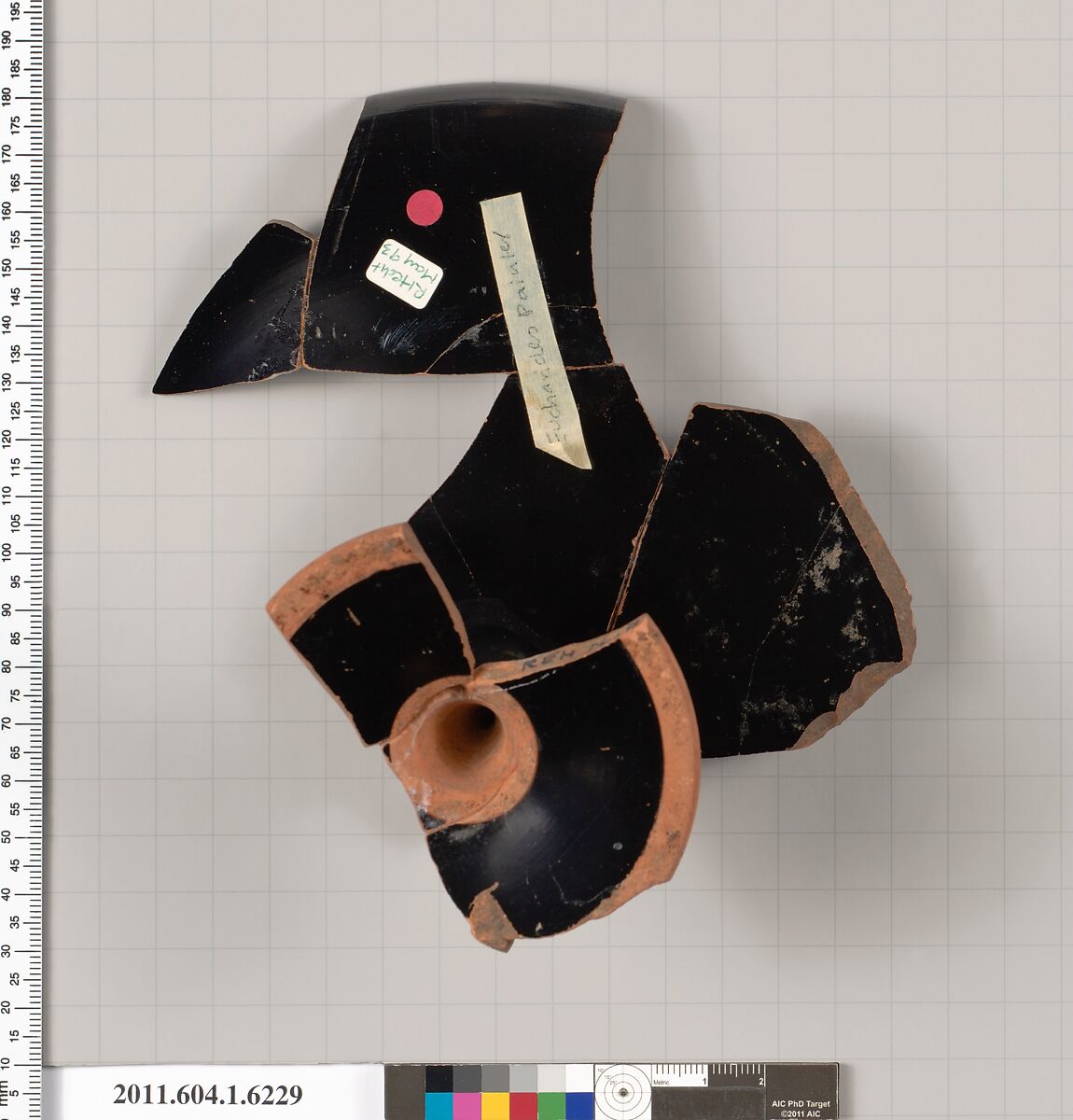 Terracotta fragment of a kylix (drinking cup), Attributed to the Eucharides Painter [DvB], Terracotta, Greek, Attic