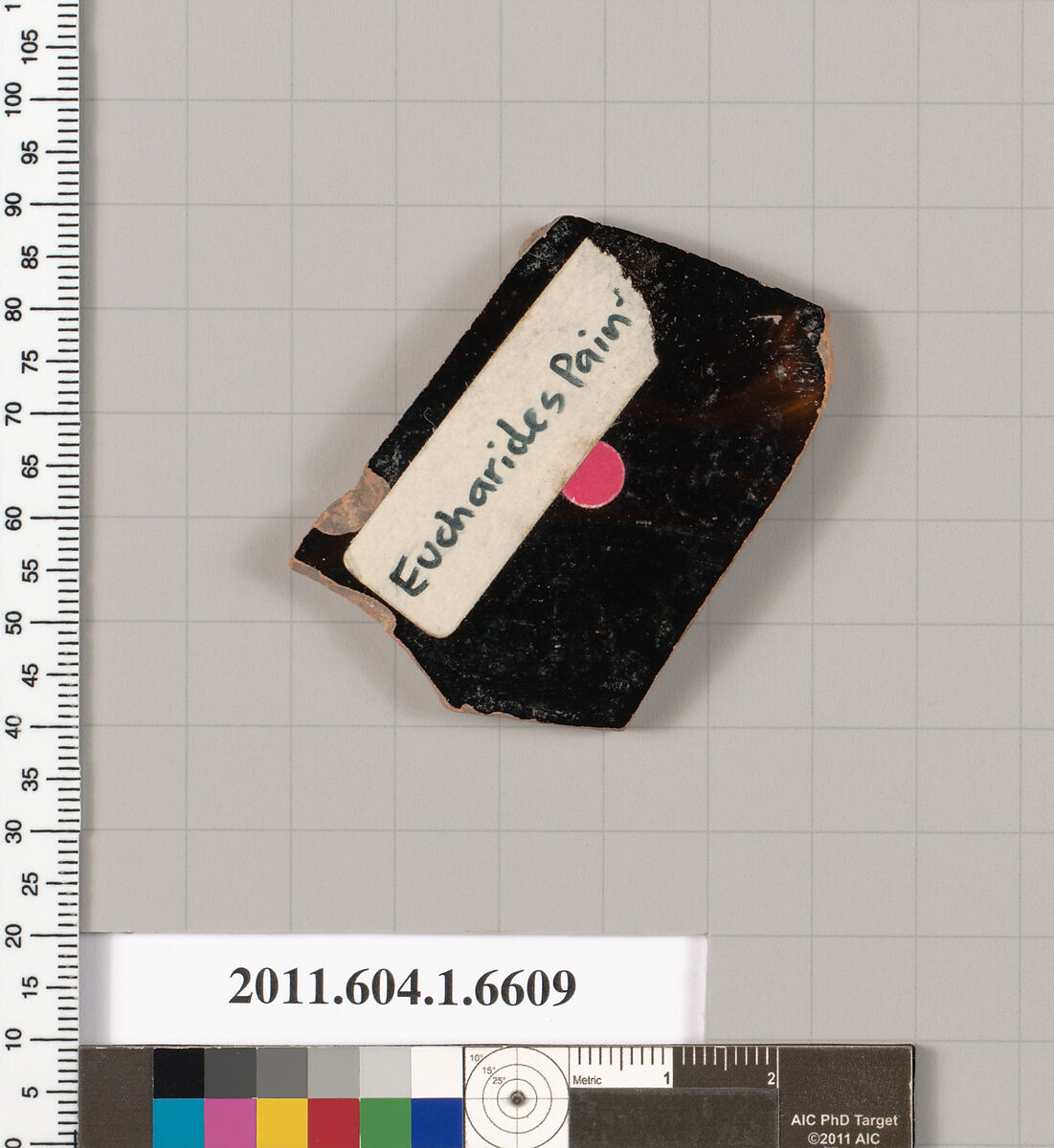 Terracotta fragment of a kylix (drinking cup), Attributed to the Eucharides Painter [DvB], Terracotta, Greek, Attic