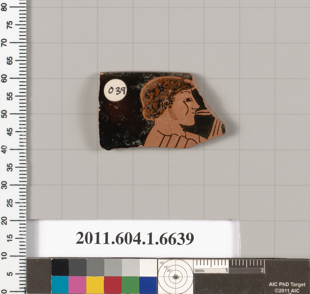Terracotta rim fragment of a kylix (drinking cup), Attributed as Brygan [DvB], Terracotta, Greek, Attic 
