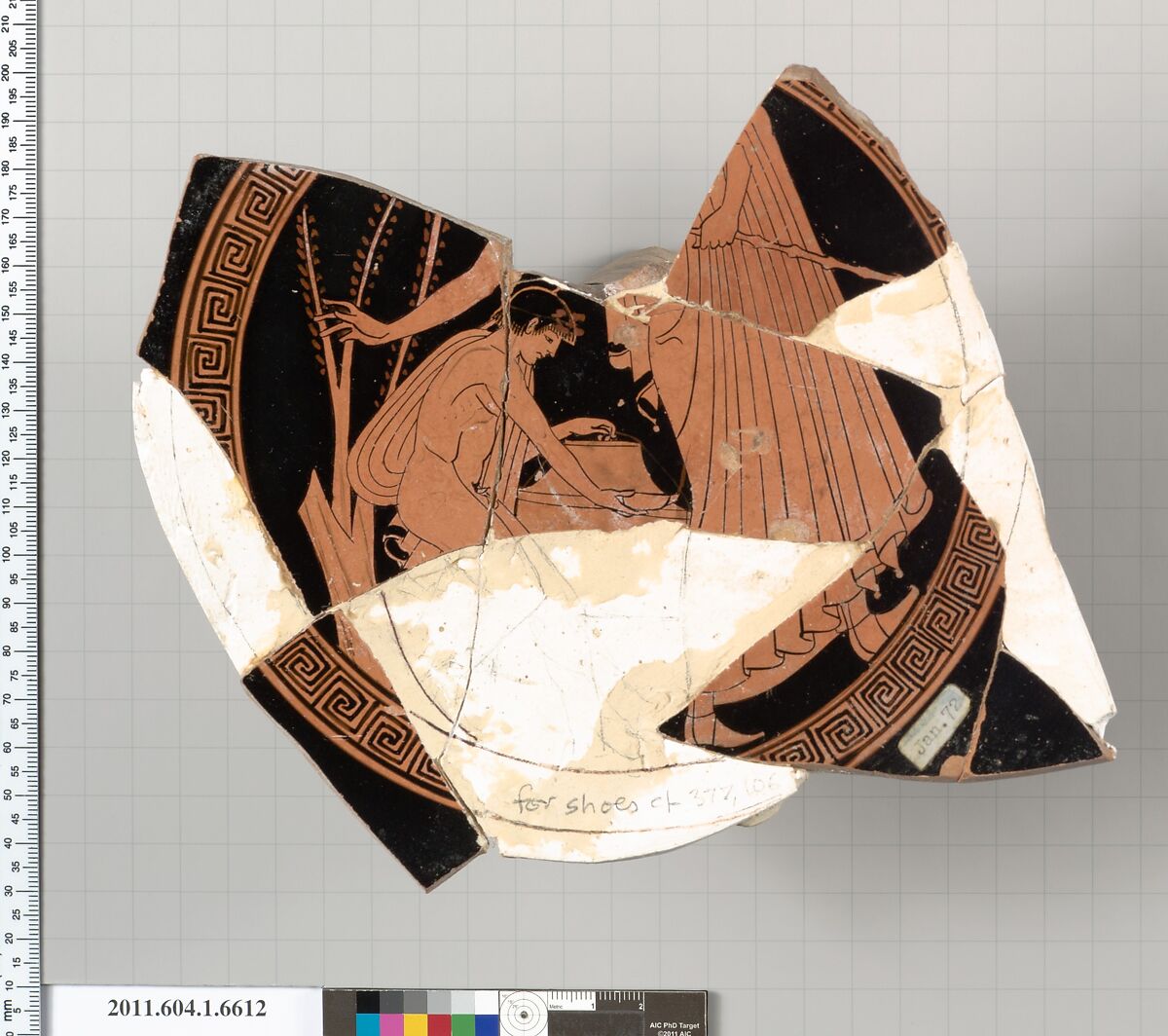 Terracotta fragment of a kylix (drinking cup), Brygos Painter, Terracotta, Greek, Attic 