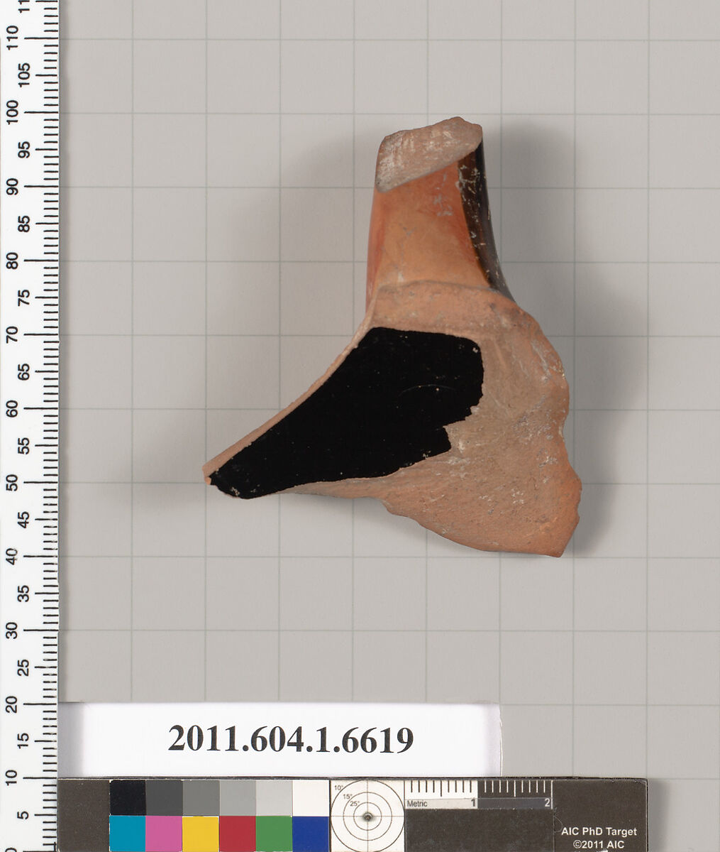 Terracotta fragment of a kylix (drinking cup), Signed by Brygos as potter, Terracotta, Greek, Attic