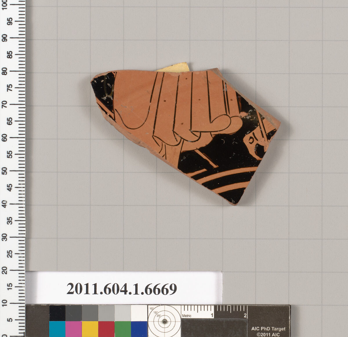 Terracotta fragment of a kylix (drinking cup), Attributed as Brygan [DvB], Terracotta, Greek, Attic