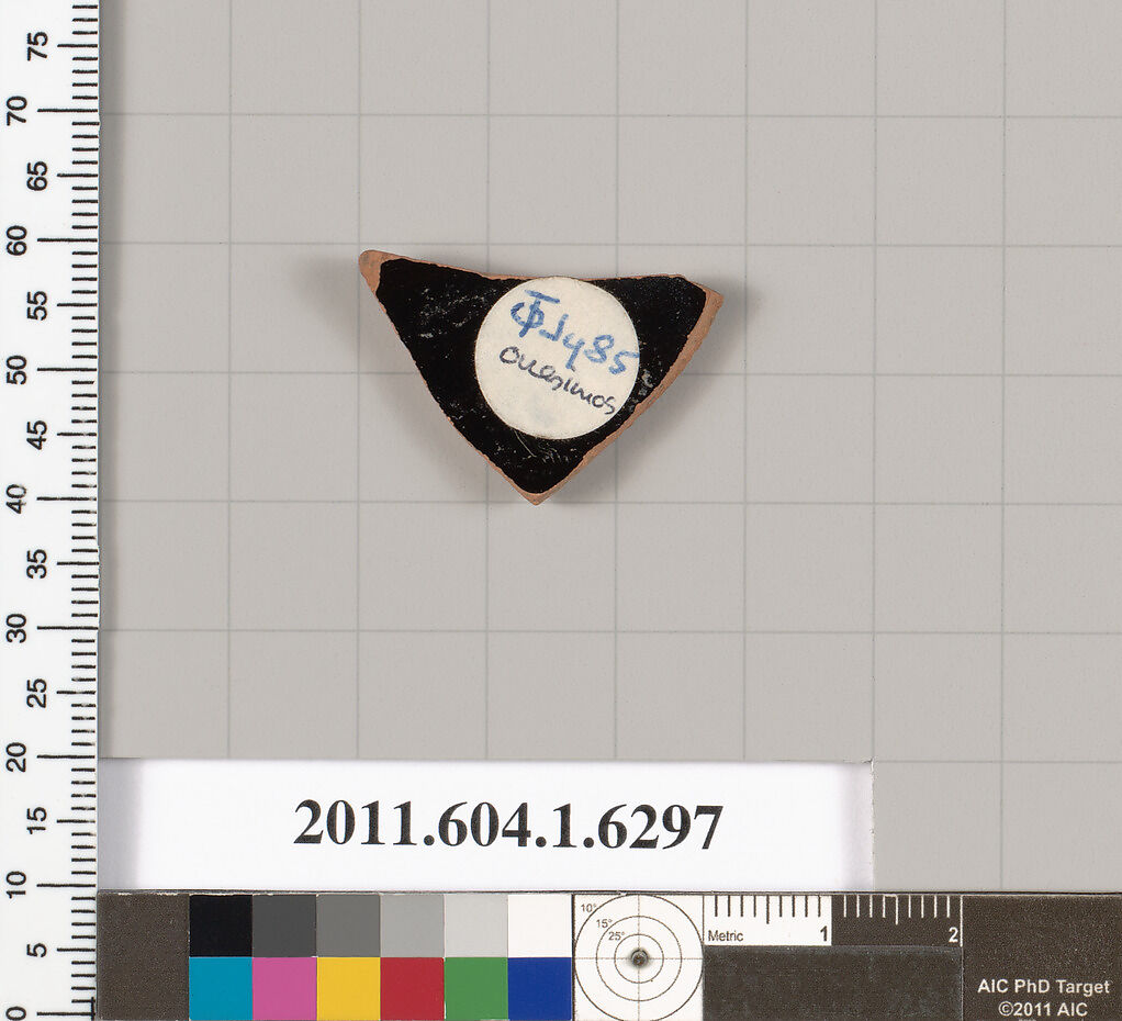 Terracotta fragment of a kylix (drinking cup), Attributed to Onesimos [DvB], Terracotta, Greek, Attic