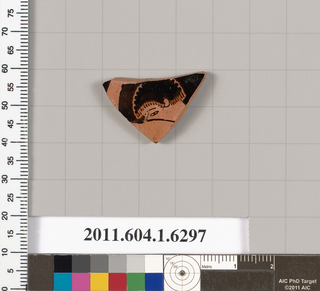 Terracotta fragment of a kylix (drinking cup), Attributed to Onesimos [DvB], Terracotta, Greek, Attic 