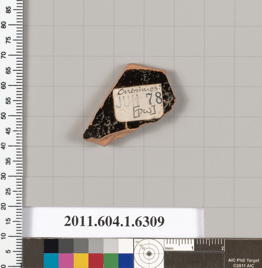 Terracotta fragment of a kylix (drinking cup), Attributed to Onesimos [Dyfri Williams], Terracotta, Greek, Attic