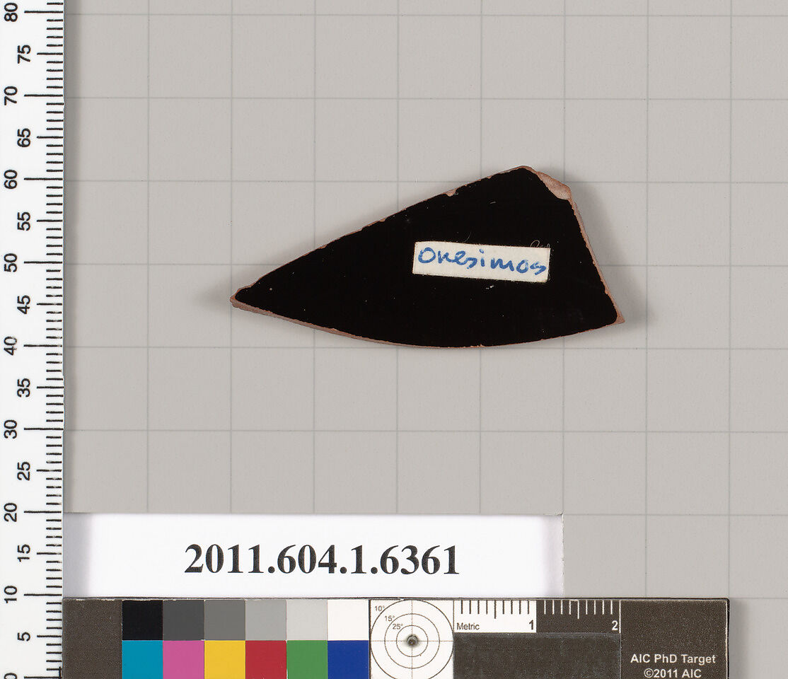 Terracotta fragment of a kylix (drinking cup), Attributed to Onesimos [DvB], Terracotta, Greek, Attic