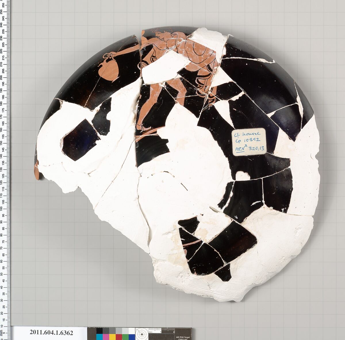 Terracotta fragment of a kylix (drinking cup), Attributed to Onesimos [DvB], Terracotta, Greek, Attic