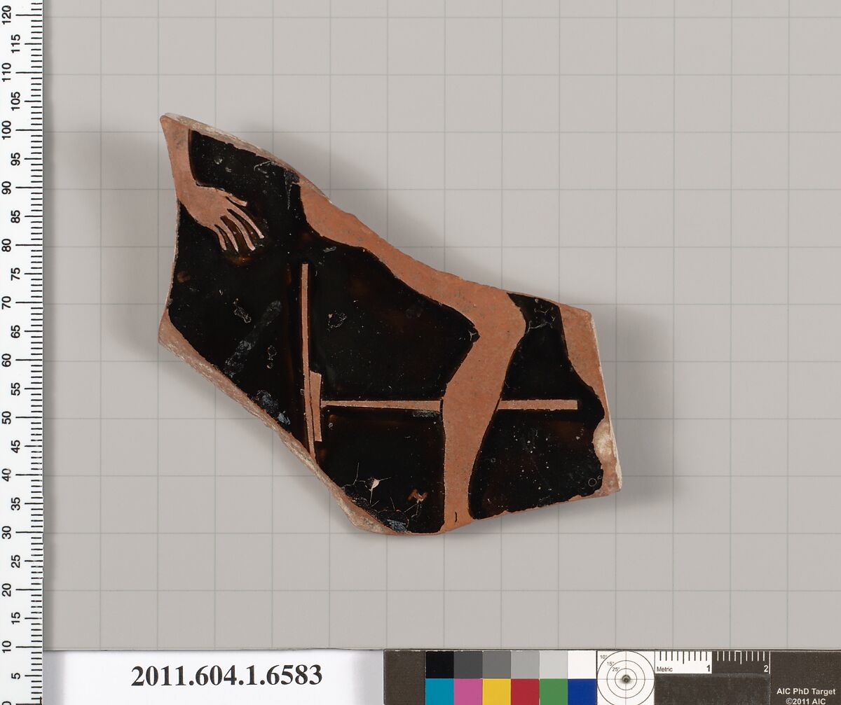 Terracotta fragment of a kylix (drinking cup), Attributed to the Triptolemos Painter [DvB], Terracotta, Greek, Attic 