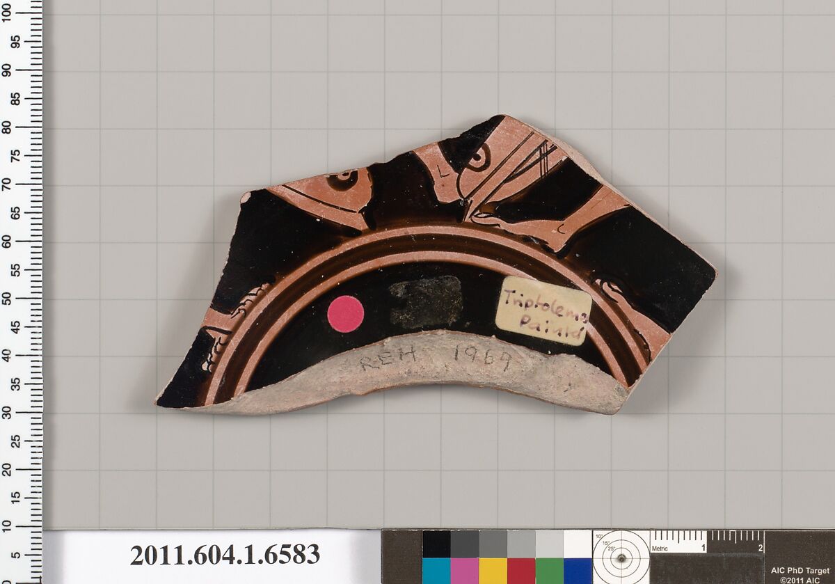 Terracotta fragment of a kylix (drinking cup), Attributed to the Triptolemos Painter [DvB], Terracotta, Greek, Attic