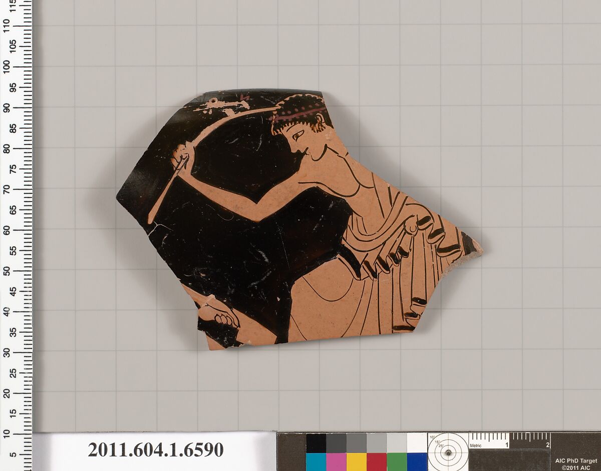 Terracotta fragment of a kylix (drinking cup), Attributed to the Triptolemos Painter [DvB], Terracotta, Greek, Attic