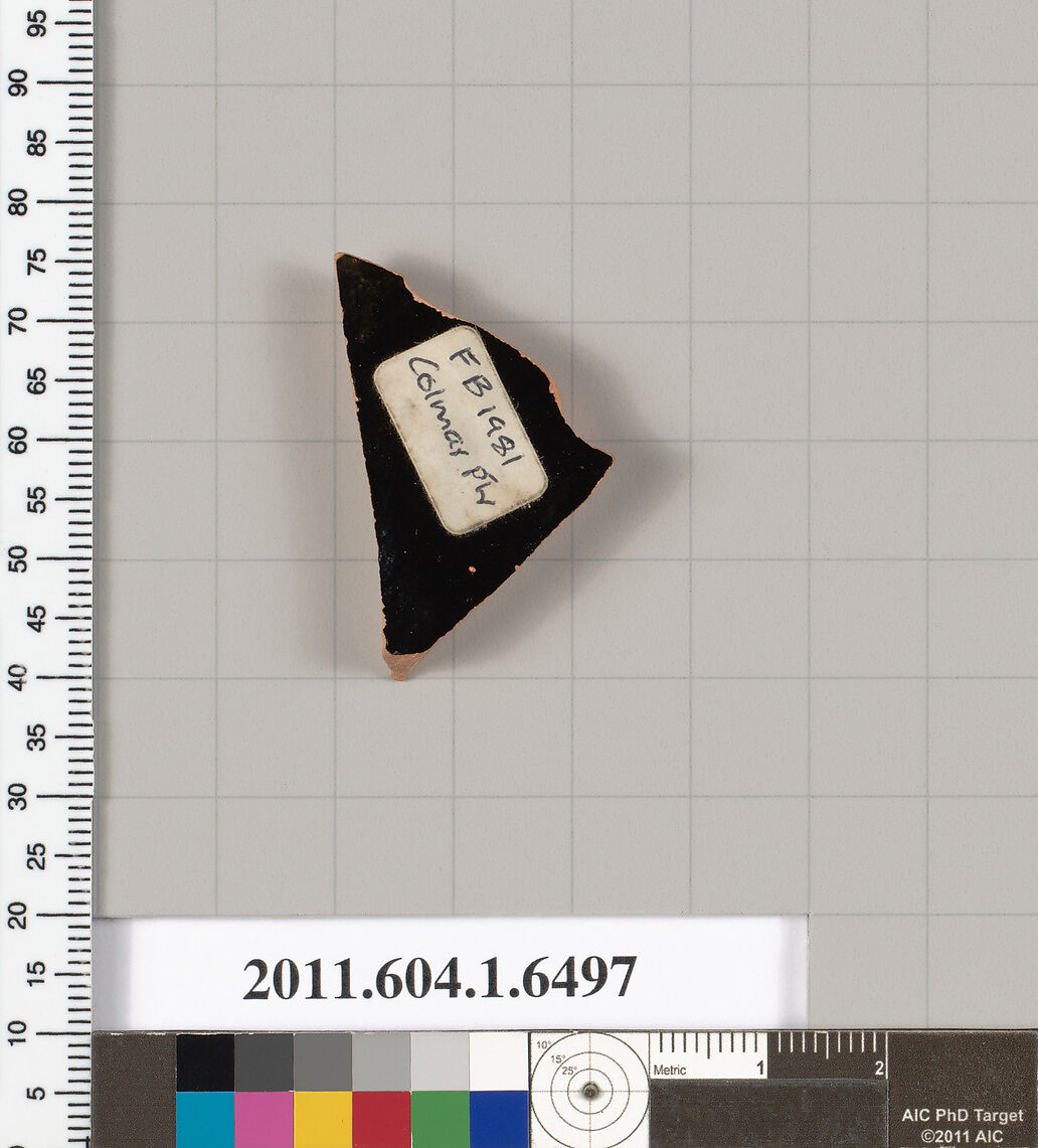 Terracotta fragment of a kylix (drinking cup), Attributed to the Colmar Painter [DvB], Terracotta, Greek, Attic