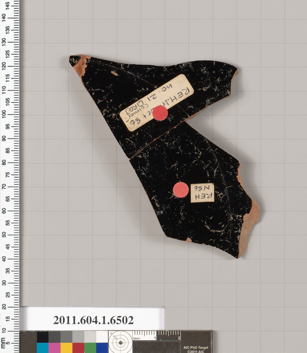 Terracotta fragment of a kylix (drinking cup), Attributed to the Colmar Painter [DvB], Terracotta, Greek, Attic