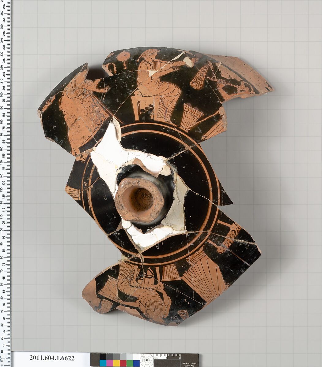 Terracotta fragment of a kylix (drinking cup), Attributed to the Briseis Painter [DvB], Terracotta, Greek, Attic