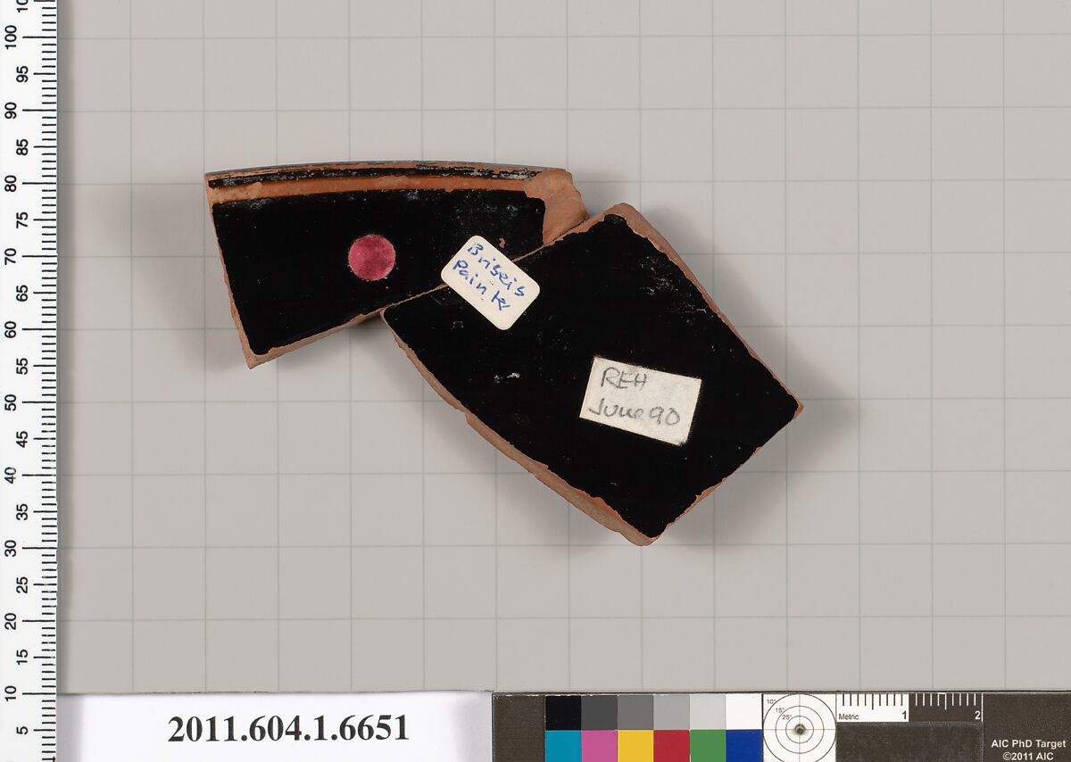 Terracotta rim fragment of a kylix (drinking cup), Attributed to the Briseis Painter [DvB], Terracotta, Greek, Attic