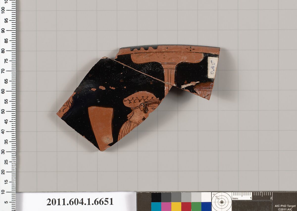 Terracotta rim fragment of a kylix (drinking cup), Attributed to the Briseis Painter [DvB], Terracotta, Greek, Attic 