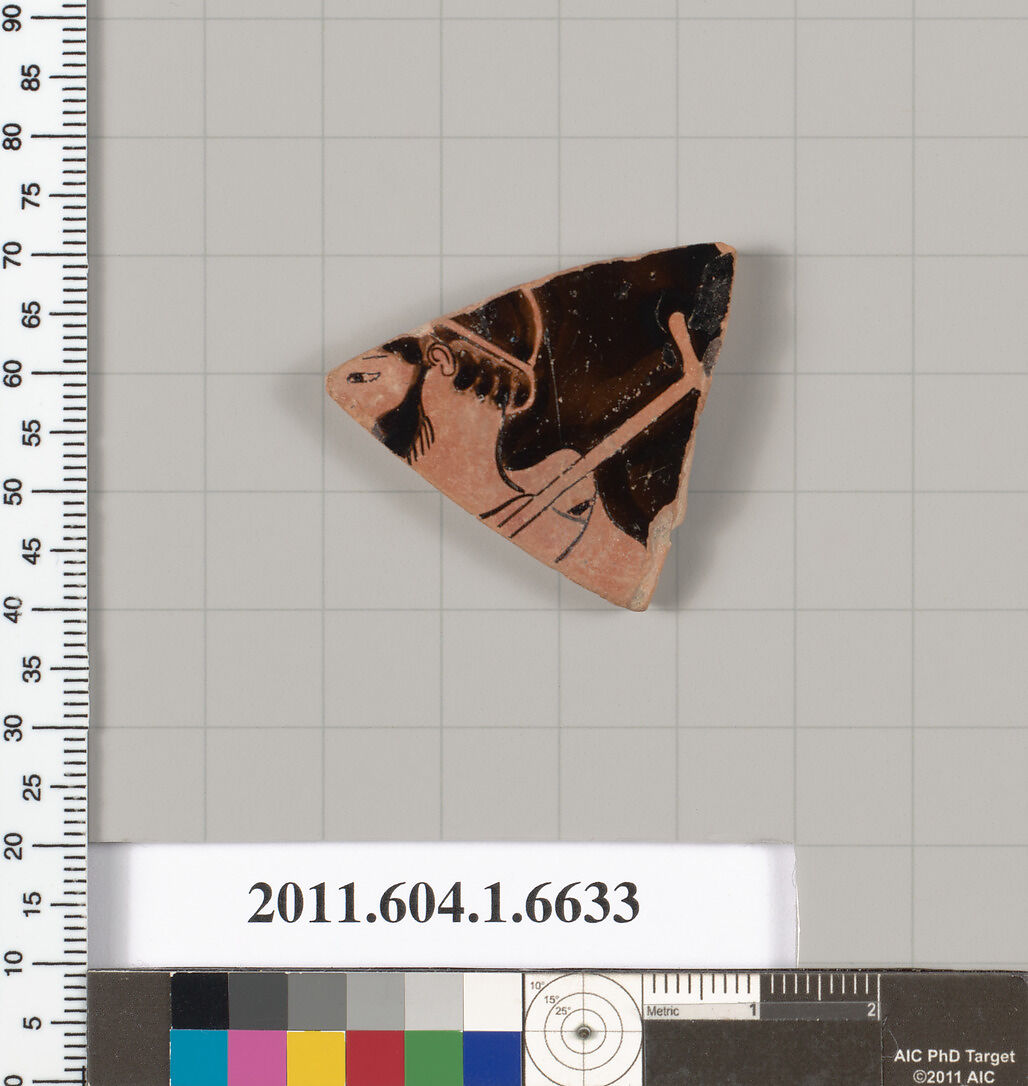 Terracotta fragment of a kylix (drinking cup), Attributed to the Briseis Painter ? or, Terracotta, Greek, Attic 