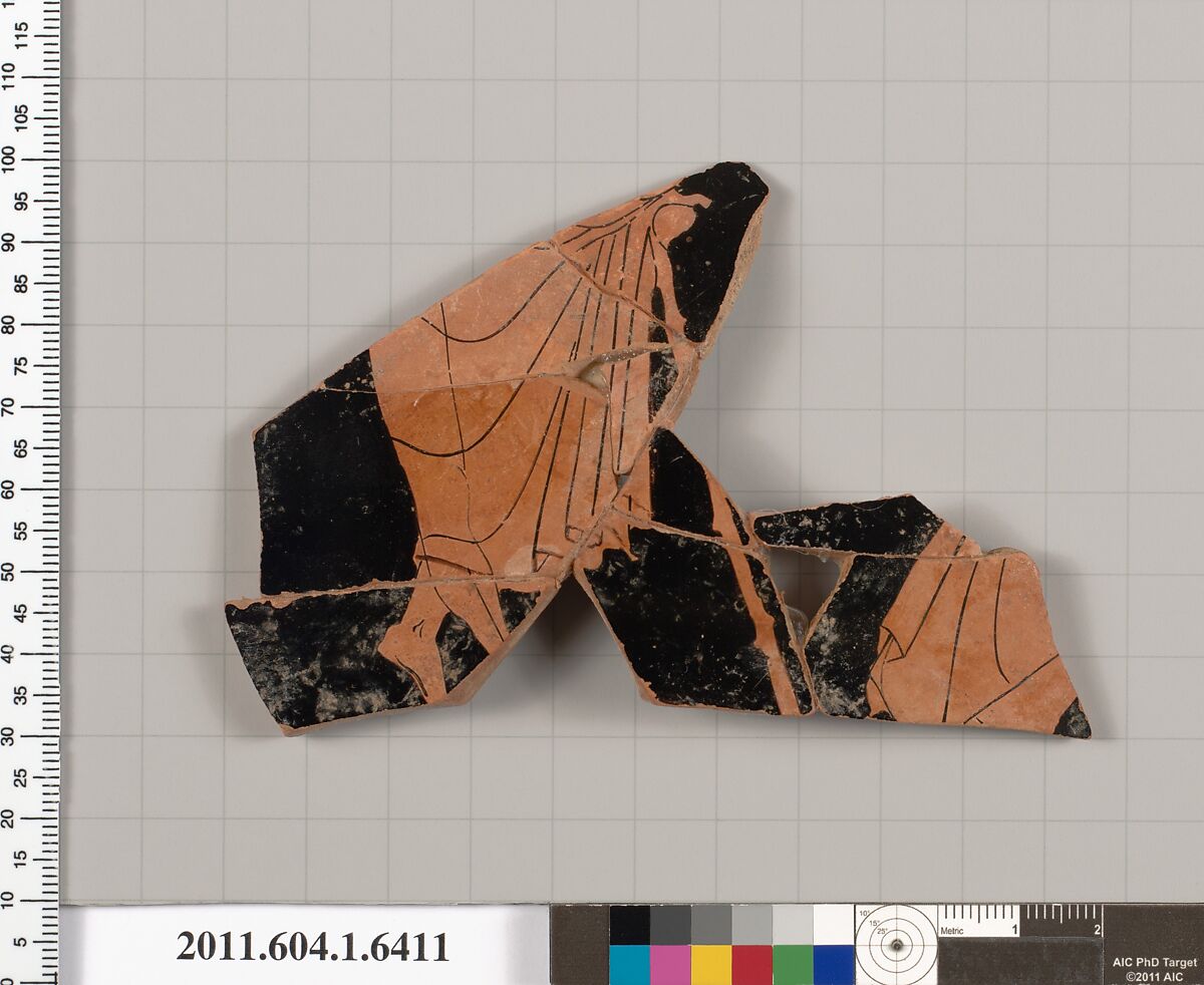 Terracotta fragment of a kylix (drinking cup), Attributed to the Cage Painter [DvB], Terracotta, Greek, Attic