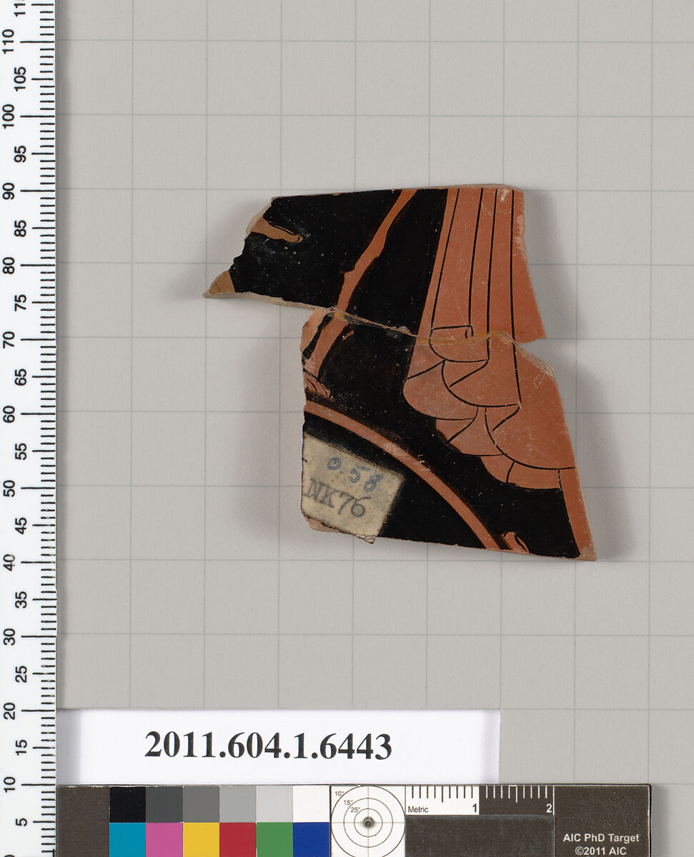 Terracotta fragment of a kylix (drinking cup), Attributed to the Cage Painter [DvB], Terracotta, Greek, Attic