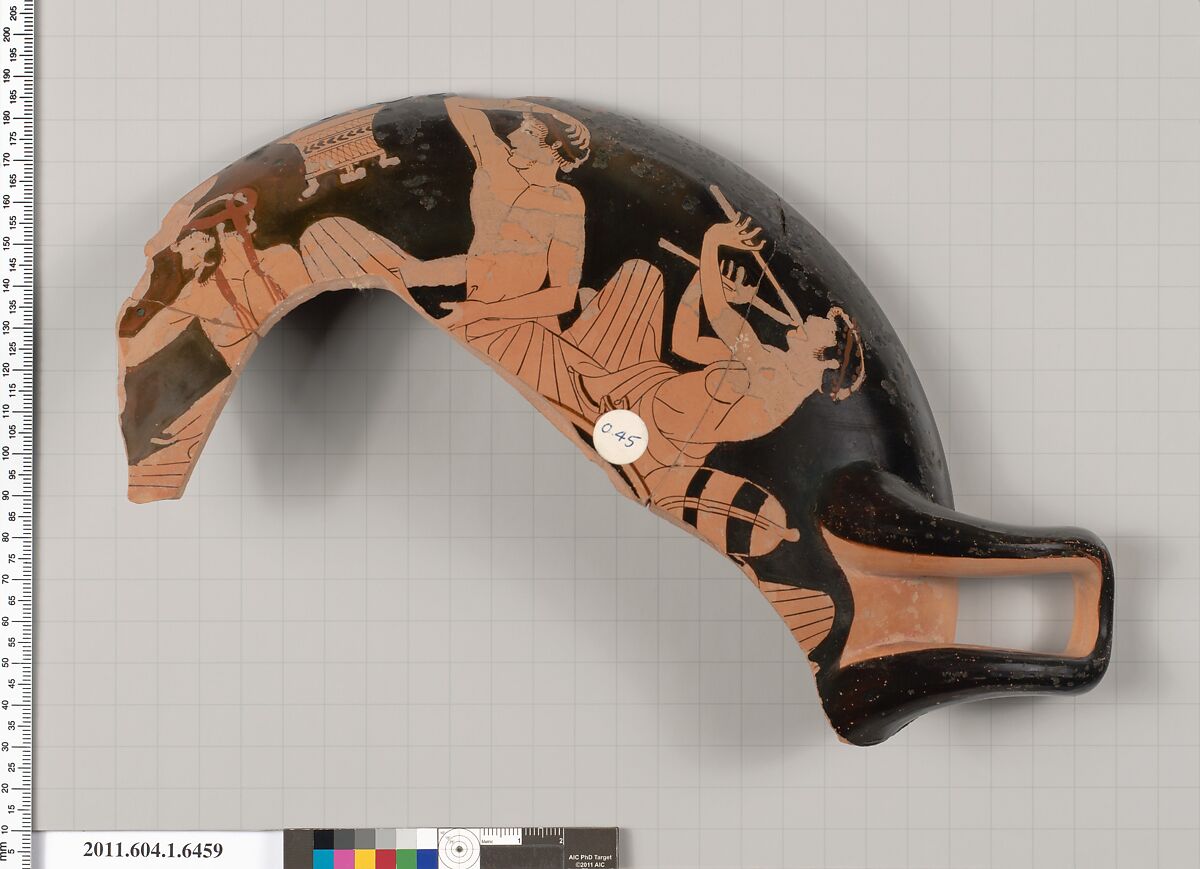 Terracotta fragment of a kylix (drinking cup), Attributed to the Cage Painter [DvB], Terracotta, Greek, Attic