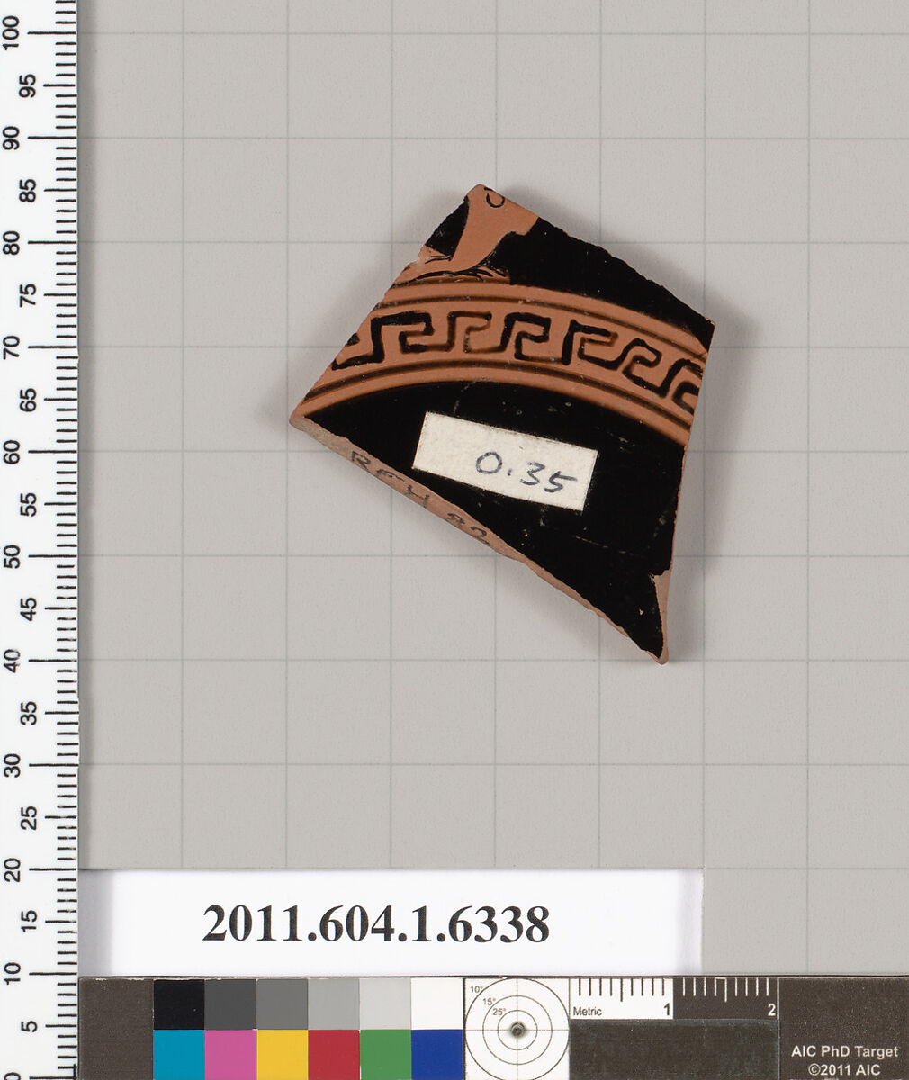 Terracotta fragment of a kylix (drinking cup), Attributed to/as Thalia Painter or, Terracotta, Greek, Attic