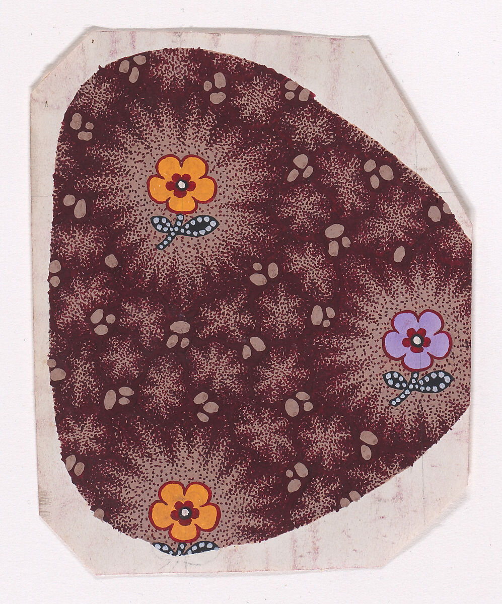 Textile Design of Alternating Vertical Rows of Stylized Flowers on Stems with Two Leaves Decorated with Pearls over a Stippled Background with Star-Like Shapes and Egg-Shapes, Anonymous, Alsatian, 19th century, Gouache 