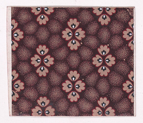 Textile Design with Rosettes with Pearls as Pistils Grouped Together to Form Stylized Flowers over an Abstract Honeycomb Pattern in the Background