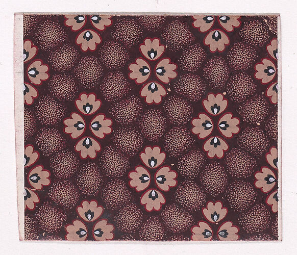 Textile Design with Rosettes with Pearls as Pistils Grouped Together to Form Stylized Flowers over an Abstract Honeycomb Pattern in the Background