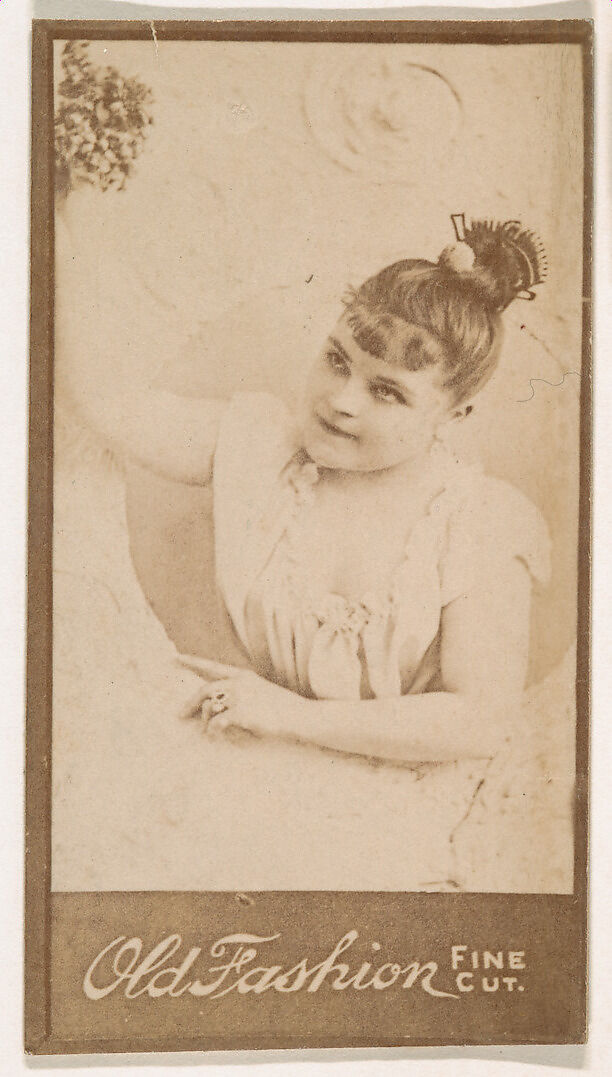 Actress holding bouquet aloft, from the Actresses series (N664) promoting Old Fashion Fine Cut Tobacco, Albumen photograph 