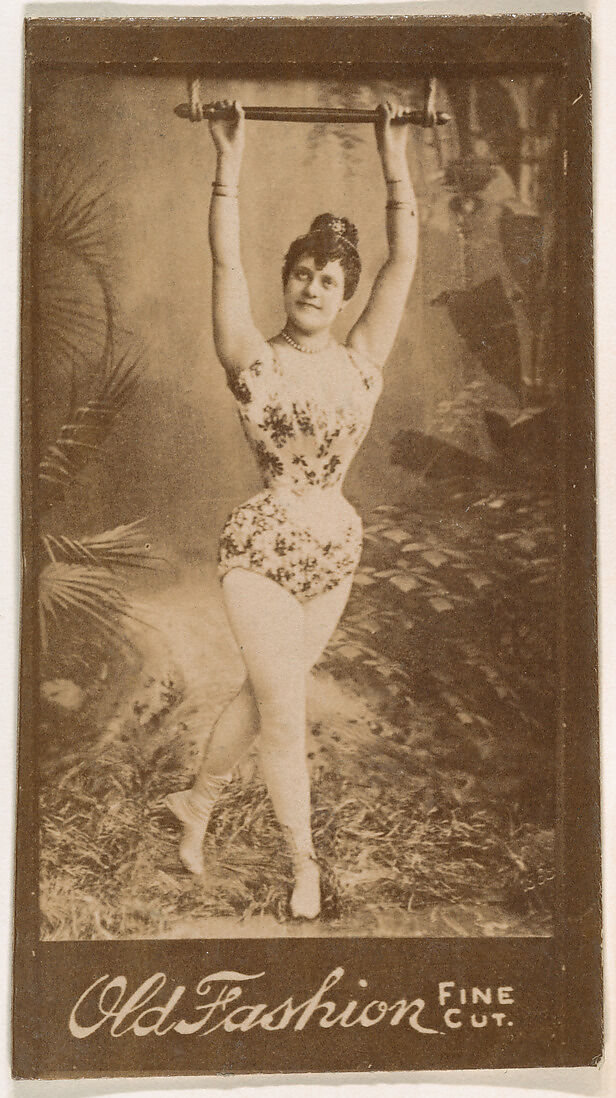 Actress holding onto metal bar above head, from the Actresses series (N664) promoting Old Fashion Fine Cut Tobacco, Albumen photograph 