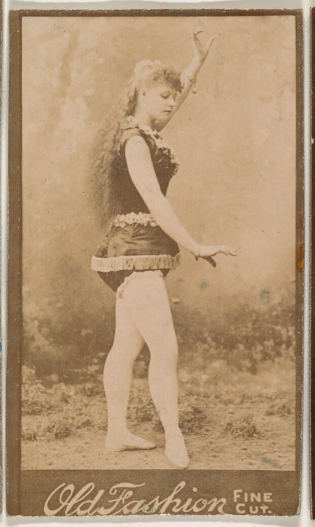 Actress posing with one arm aloft, from the Actresses series (N664) promoting Old Fashion Fine Cut Tobacco, Albumen photograph 